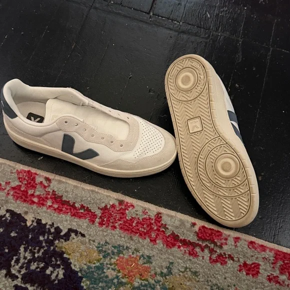 Veja White Sneakers with Navy V Logo and Cream Suede Accents - Picture 3 of 4